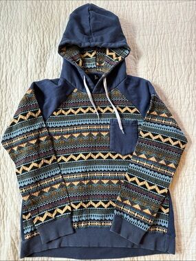 Men's Navy Patterned Pullover Hoodie - Hooded Sweatshirt
